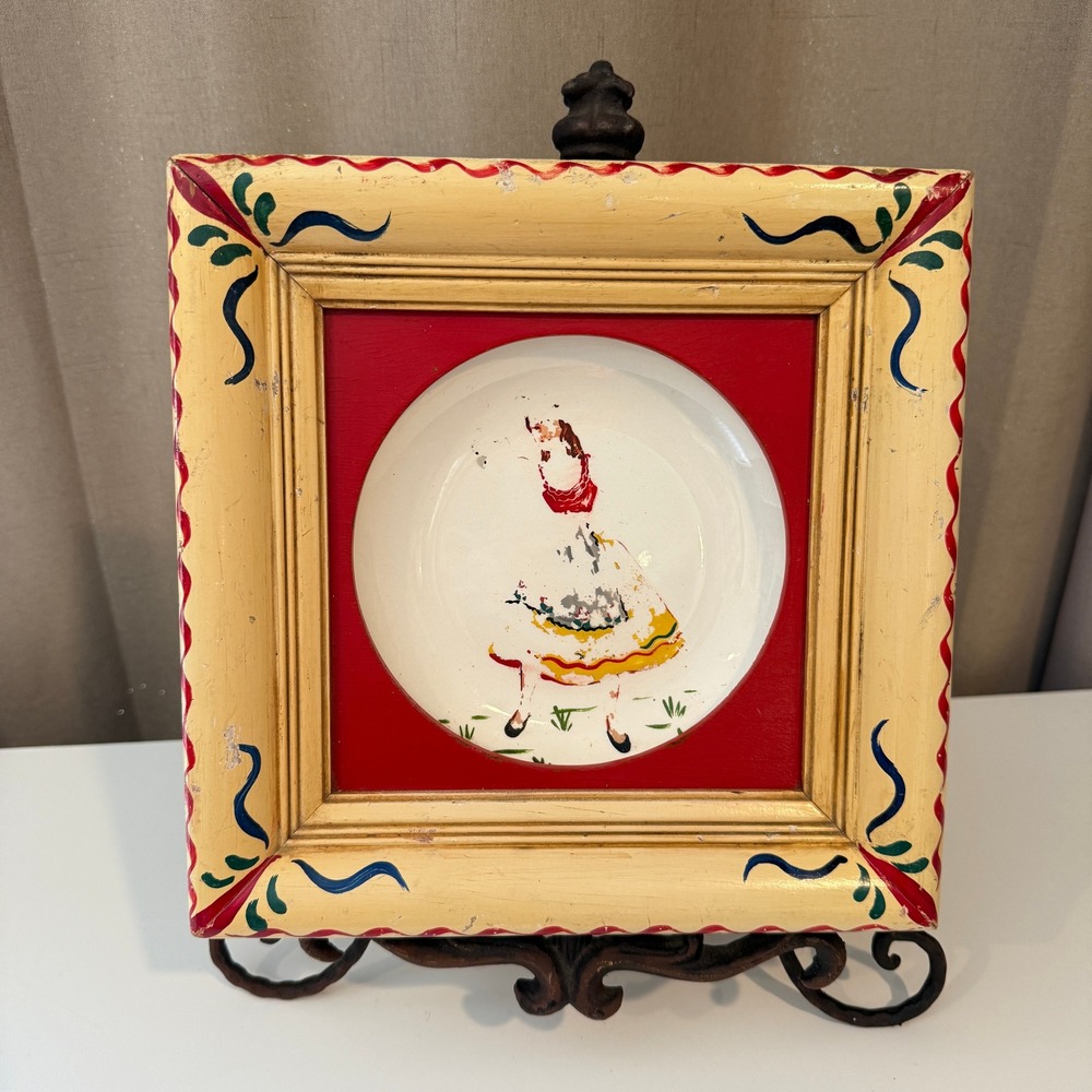 Vintage‎ Hand Painted Folk Art Framed Plate Girl in Traditional Dress Wall Decor
